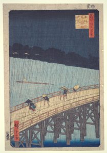 Ohashi-Brücke, plötzlicher Regenschauer bei Atake, aus der Serie Einhundert berühmte Ansichten von Edo von Utagawa Hiroshige