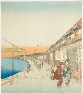 Fußgänger und Geschäfte am Hafen von Shinagawa