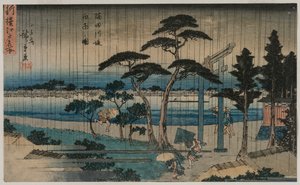 Bild von leichtem Regen am Ufer des Sumida-Flusses, aus der Serie Eine neue Auswahl berühmter Orte in Edo