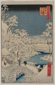 Bild der Dämmerung an der Trommelbrücke in Meguro, aus der Serie 100 Ansichten berühmter Orte in Edo