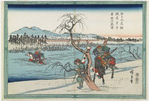 Sasaki Takastuna und Kajiwara Kagetoki wetteifern um die Führung beim Überqueren des Uji-Flusses, 1834-1839