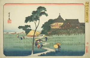 Sazai-Halle im Tempel der fünfhundert Arhats (Gohyaku rakan Sazaido), aus der Serie "Berühmte Orte in der östlichen Hauptstadt (Toto meisho)" von Utagawa Hiroshige