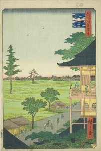 Sazai-Halle des Fünfhundert-Rakan-Tempels (Gohyaku Rakan Sazaido), aus der Serie „Hundert berühmte Ansichten von Edo (Meisho Edo hyakkei)“