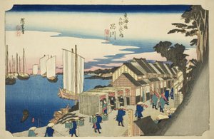 Shinagawa: Abreise des Daimyo (Shinagawa, shoko detachi), aus der Serie "Die dreiundfünfzig Stationen der Tokaido-Straße (Tokaido gojusan tsugi no uchi)", auch bekannt als die Hoeido Tokaido