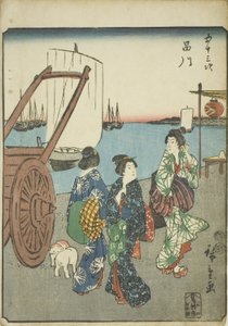 Shinagawa, aus der Serie "Dreiundfünfzig Stationen [des Tokaido] (Gojusan tsugi)," auch bekannt als der Figuren-Tokaido (Jinbutsu Tokaido) von Utagawa Hiroshige