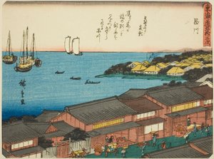 Shinagawa, aus der Serie "Die dreiundfünfzig Stationen des Tokaido (Tokaido gojusan tsugi)," auch bekannt als der Tokaido mit Gedicht (Kyoka iri Tokaido) von Utagawa Hiroshige