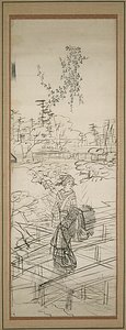 Skizze einer Frau, die eine Brücke überquert von Utagawa Hiroshige