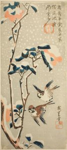 Spatzen und Kamelie im Schnee von Utagawa Hiroshige