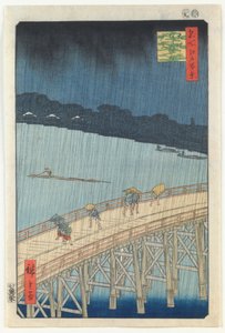 Plötzlicher Regenschauer über der Ōhashi-Brücke und Atake, aus der Serie „Hundert berühmte Ansichten von Edo“