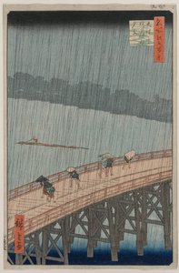 Plötzlicher Regenschauer über der Shin-Ōhashi-Brücke und Atake, aus der Serie Einhundert berühmte Ansichten von Edo