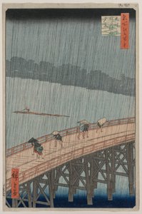 Plötzlicher Regenschauer über der Shin-Ōhashi-Brücke und Atake, aus der Serie Einhundert berühmte Ansichten von Edo