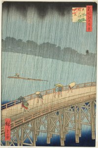 Plötzlicher Regenschauer über der Shin Ohashi Brücke und Atake (Ohashi Atake no yudachi), aus der Serie "Hundert berühmte Ansichten von Edo (Meisho Edo hyakkei)"