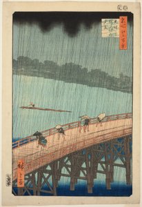 Plötzlicher Regenschauer über der Shin Ohashi Brücke und Atake (Ohashi Atake no yudachi), aus der Serie "Hundert berühmte Ansichten von Edo (Meisho Edo hyakkei)"