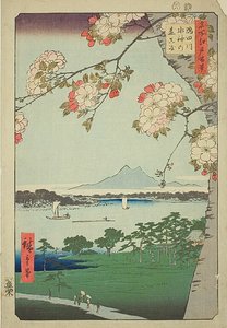 Suijin-Schrein und Massaki am Sumida-Fluss (Sumidagawa Suijin no mori Massaki), Nr. 35 aus der Serie "Hundert berühmte Ansichten von Edo (Meisho Edo hyakkei)"