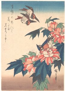 Schwalben und Eisvogel mit Roseneibisch von Utagawa Hiroshige