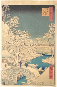 Taiko-Brücke, Meguro, an einem verschneiten Abend von Utagawa Hiroshige