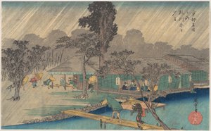 Teehäuser am Ufer des Tadasu-Flusses bei einem Regenschauer von Utagawa Hiroshige