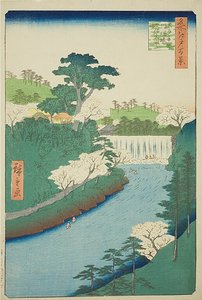 Der Damm am Otonashi-Fluss in Oji, allgemein genannt "Der große Wasserfall", Nr. 19 aus der Serie "Ein Hundert berühmte Ansichten von Edo (Meisho Edo hyakkei)" von Utagawa Hiroshige