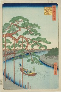 Die fünf Kiefern am Onagi-Fluss (Onagigawa Gohonmatsu), Nr. 97 aus der Serie „Hundert berühmte Ansichten von Edo (Meisho Edo hyakkei)“
