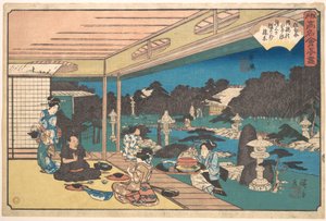 Das Restaurant Musashiya, Ushijima (Ushijima, Musashiya), aus der Serie Eine Sammlung berühmter Restaurants von Edo (Edo Kōmei Kaitei Zukushi) von Utagawa Hiroshige