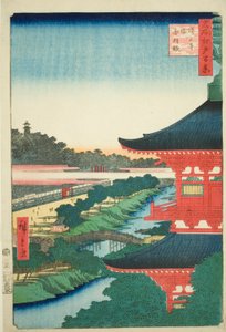 Die Pagode am Zojo-Tempel und Akabane (Zojoji to, Akabane), Nr. 53 aus der Serie "Hundert berühmte Ansichten von Edo (Meisho Edo hyakkei)"