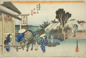 Totsuka: Die Gabelung bei Motomachi (Totsuka, Motomachi betsudo), aus der Serie "Dreiundfünfzig Stationen der Tokaido-Straße (Tokaido gojusan tsugi no uchi)," auch bekannt als Hoeido Tokaido von Utagawa Hiroshige