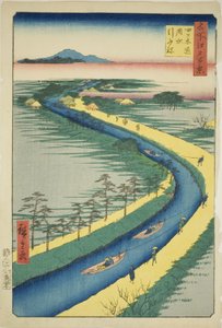 Schleppboote entlang des Yotsugidori-Kanals, aus der Serie „Hundert berühmte Ansichten von Edo“ von Utagawa Hiroshige