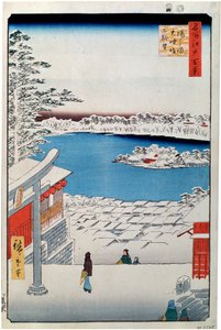 Blick vom Gipfel des Hügels am Tenjin-Schrein in Yushima von Utagawa Hiroshige