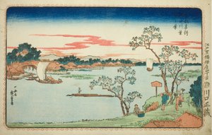 Ansicht von blühenden Kirschbäumen entlang des Sumida-Flusses, aus der Serie "Berühmte Ansichten der östlichen Hauptstadt" von Utagawa Hiroshige