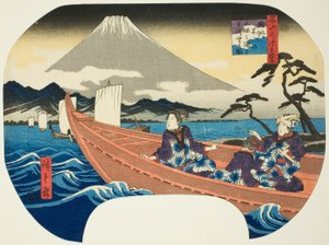 Ansicht des Berges Fuji vom Meer in der Miho-Bucht in der Provinz Suruga (Sunshu Fujisan Miho no kaijo yori chobo), aus der Serie "Zehn Ansichten berühmter Berge in den Provinzen (Meizan tsukushi shokoku jukkei)" von Utagawa Hiroshige