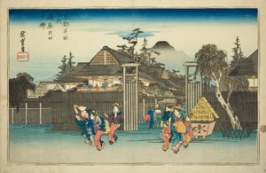 Weidenbaum am Tor des Shimabara-Vergnügungsviertels (Shimabara deguchi no yanagi), aus der Serie "Berühmte Orte in Kyoto (Kyoto meisho no uchi)"