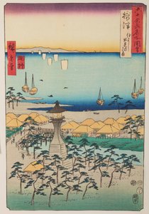 Küste von Demi und Leuchtturm in der Provinz Settsu / Settsu Sumiyoshi Demi no hama, Tafel 5 aus der Serie: Ansichten berühmter Orte in sechzig und einigen Provinzen / Rokuju yoshu meisho zue