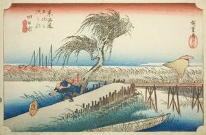 Yokkaichi: Mie-Fluss (Yokkaichi, Miegawa), aus der Serie "Dreiundfünfzig Stationen des Tokaido (Tokaido gojusan tsugi no uchi)," auch bekannt als der Hoeido Tokaido von Utagawa Hiroshige