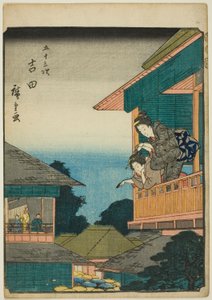 Yoshida, aus der Serie "Dreiundfünfzig Stationen des Tokaido," auch bekannt als die Figuren-Tokaido von Utagawa Hiroshige