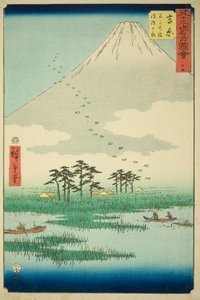 Yoshiwara: Fuji-Sumpf und Ukishima-Ebene (Yoshiwara, Fuji no numa ukishima ga hara), Nr. 15 aus der Serie "Berühmte Ansichten der dreiundfünfzig Stationen (Gojusan tsugi meisho zue)," auch bekannt als der vertikale Tokaido von Utagawa Hiroshige