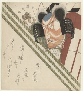 Mann schaut über einen Vorhang von Utagawa Kunimitsu