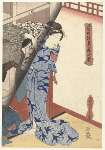 Frau verstaut einen Kimono (Geheime nächtliche Verabredungen bei Mondlicht) von Utagawa Kunisada (I)