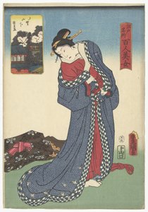 Yamashita in Ueno, Ueno Yamashita (Titel auf dem Objekt), Hundert Schönheiten vergleichen mit berühmten Orten in Edo (Serientitel), Edo meisho hyakunin bijo (Serientitel auf dem Objekt) von Utagawa Kunisada (I)