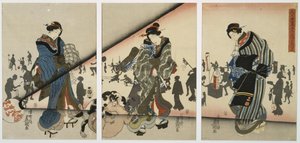 Nachtszene mit Mädchen, Tieren und Laternen von Utagawa Kunisada