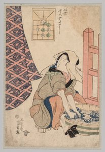 Sitzende Frau wäscht Kleidung in einem Holzzuber von Utagawa Kunisada