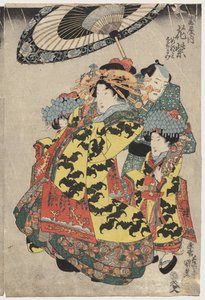 Die Kurtisanen Hanamurasaki und Koshikibu vom Tamaya spazieren im Regen von Utagawa Kunisada