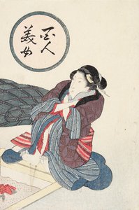 Frau wärmt ihre Füße am Herd von Utagawa Kunisada