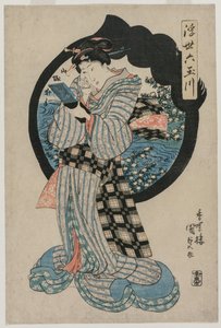Frau mit einem Handspiegel aus der Serie Die sechs Tama-Flüsse der schwebenden Welt von Utagawa Kunisada