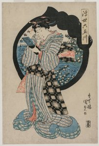 Frau mit einem Handspiegel aus der Serie Die sechs Tama-Flüsse der schwebenden Welt, ca. frühe 1830er Jahre von Utagawa Kunisada