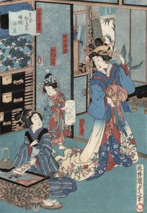 Ukiyo-e-Druck einer Geisha mit Hibachi von Kunisada II, ca. 1860