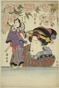 Frau hält Puppe des Schauspielers Ichikawa Danjuro VII als Karigane Bunshichi