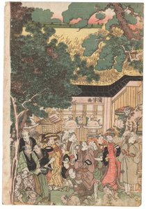 Eine Gruppe von Schauspielern auf dem Weg zum Oji (Inari jinja) Schrein am Neujahrstag, signiert Kuniyoshi, kiwame-Siegel, Oban tate-e Triptychon von Utagawa Kuniyoshi