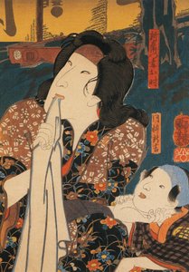 Schauspieler in nachdenklicher Pose neben einem Kind, von Utagawa Kuniyoshi, Holzschnitt