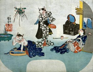 Anthropomorphe Katzen entspannen sich im Sommer, ca. 1842 von Utagawa Kuniyoshi
