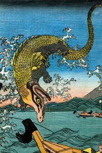Asahina Yoshihides Kampf mit zwei Krokodilen im Meer vor Kamakura Kotsubo von Utagawa Kuniyoshi